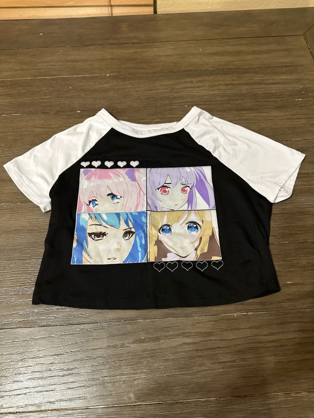 Women's Sz Lg Black & White Graphic Raglan Tee with Anime Panels